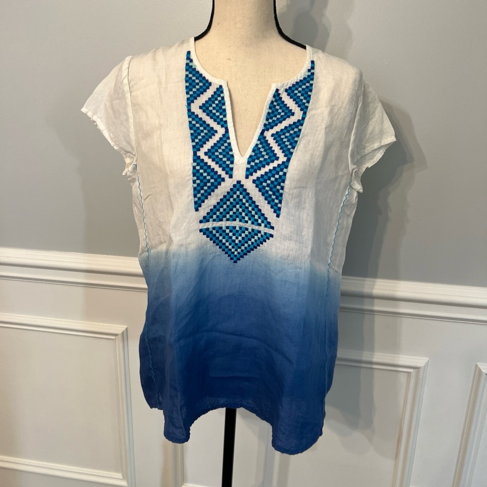 Lilly Pulitzer 100% Linen Blue And White Ombré Embroidered Size Small